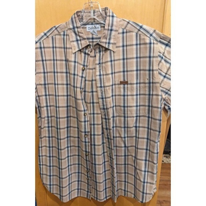 Carhartt Mens medium M Plaid Tan Gray brown Cotton Shirt short Sleeve Button up‎